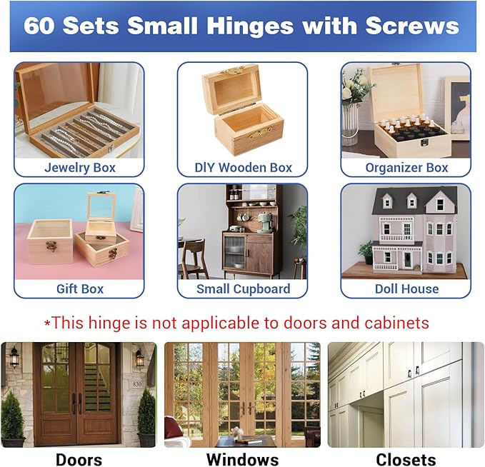 Yuanchu 60 Sets Small Hinges with Screws, 0.6 Inch Mini Hinges 270° Folding Iron Hinge Mini Hinges for Wood Jewelry Box Hardware DIY Boxes Gate Drawer Miniature Butt Hinges Tiny Hinges(Gold, Bronze)