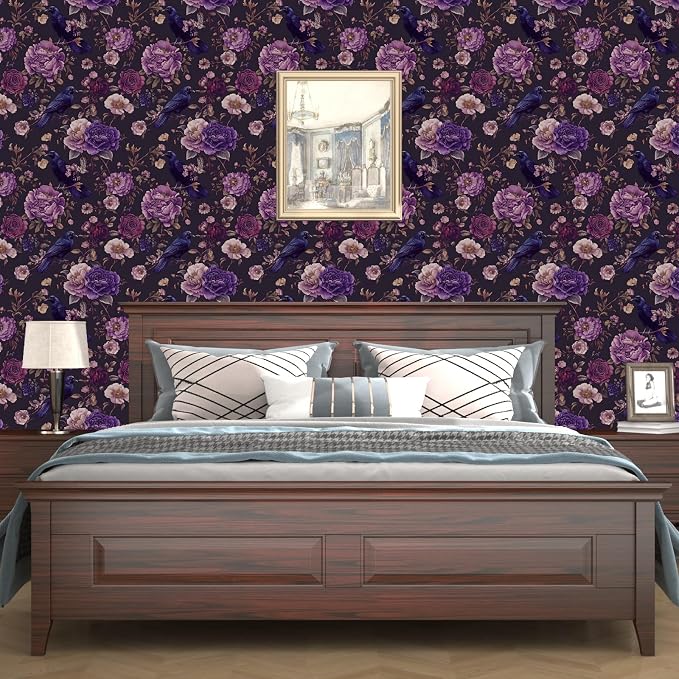 Gothic Dark Purple Crow Floral Wallpaper Peel and Stick 17.5"x118" | Self Adhesive/Removable/Waterproof/Thick Vinyl Vintage Contact Paper for Bathroom Bedroom Shelf Cabinet Drawer,Prepasted