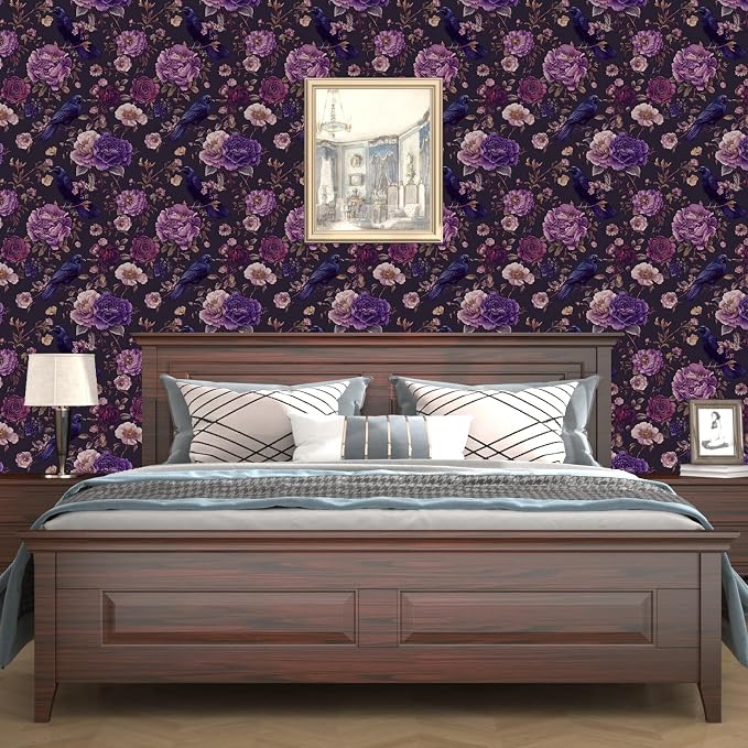 Gothic Dark Purple Crow Floral Wallpaper Peel and Stick 17.5"x393" | Self Adhesive/Removable/Waterproof/Thick Vinyl Vintage Contact Paper for Bathroom Bedroom Shelf Cabinet Drawer,Prepasted