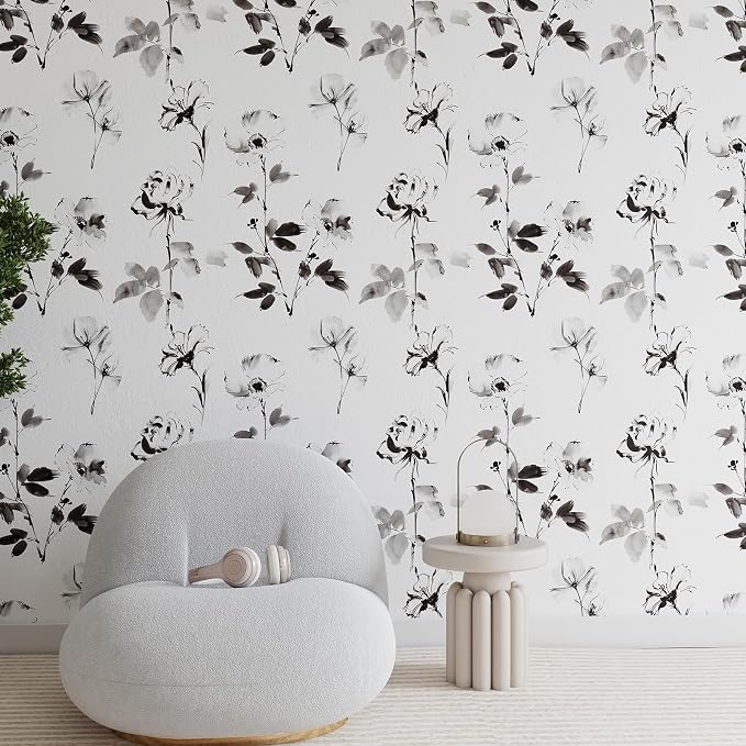 Hopepak Floral Wallpaper Peel and Stick Black and White Flower Peel and Stick Wall Paper Modern Contact Paper Removable Self Adhesive Wallpaper for Bathroom Bedroom Cabinet Decor Vinyl 17.3"×197"
