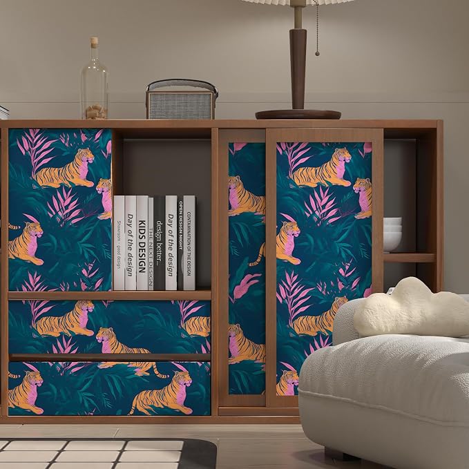 BOKEBEVE Tropical Tiger Wallpaper Peel and Stick Green Pink 17.5 x 78.5In | Removable Self Adhesive Renter Friendly Jungle Tiger Wall Paper for Bedroom Bathroom Living Room Feature Accent Wall