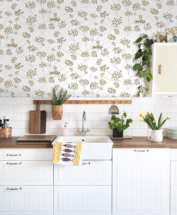 Hopepak 17.3"×197" Peel and Stick Wallpaper Floral Beige Contact Paper for Bathroom Leaf Removable Self Adhesive Wall Paper for Bedroom Modern Wallpaper for Walls Living Room Vinyl
