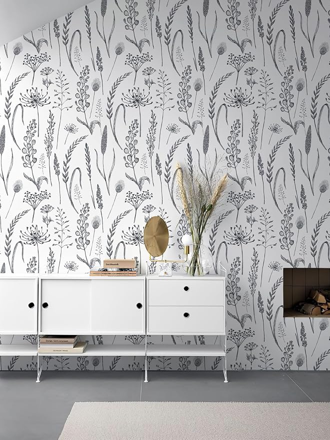 JiffDiff Peel and Stick Wallpaper Farmhouse Vintage Floral Contact Paper Wheat Meadow Removable Self Adhesive Wallpaper Black and White (56 sq.ft)