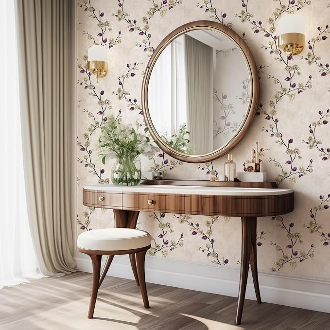 Floral Peel and Stick Wallpaper Flower Tree Contact Paper A Set of 17.5"x1200" Self Adhesive Removable Modern Beige Wall Paper Decorative Wall Covering Countertop Vinyl Film Roll