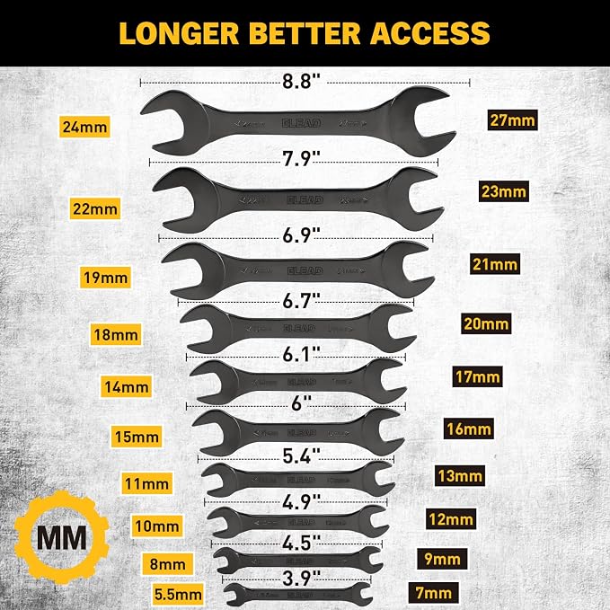 ELEAD 19-Piece Super-Thin Open End Wrench Set, Metric 5.5–27 mm & SAE 1/4"-1-1/16", CR-V Nickel Plated, 3 mm Thickness Ultra-Slim Wrench Set for Tight Spaces, Durable Roll-Up Pouch for Mechanics