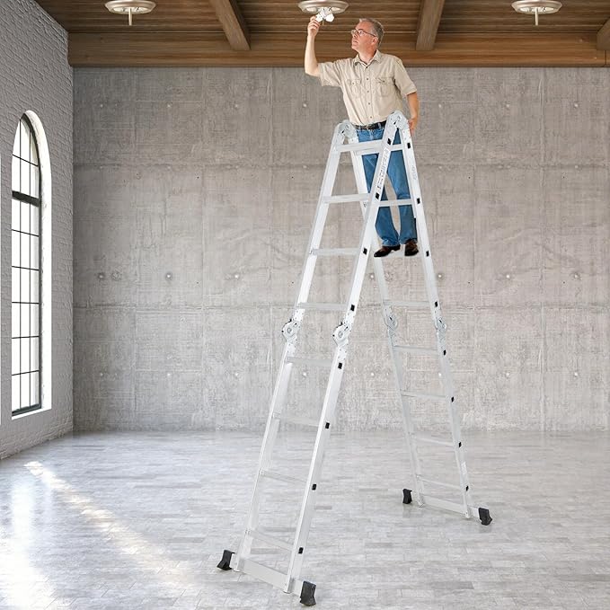 7-in-1 Folding Ladder, Multi-Purpose 15 FT Aluminum Alloy Ladder with Non-Slip Feet, Safety Locking & Heavy Duty Frame, Indoor & Outdoor Lightweight Extension Ladder, 330 LBS Capacity