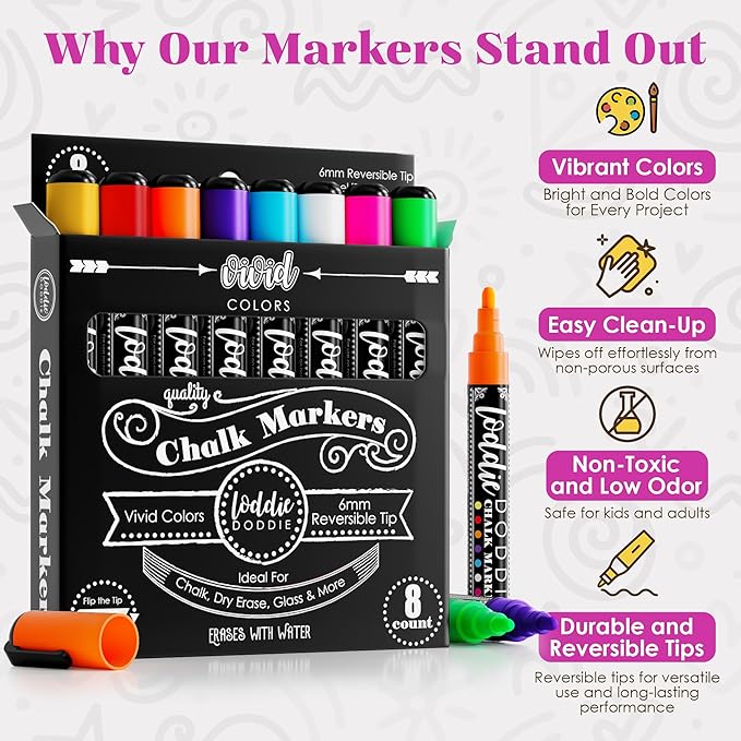 Loddie Doddie Liquid Chalk Markers - 16-Pack, 6mm Dual Tips - Chalk Markers for Blackboard & Chalkboard Paint - Washable Window Pens for Glass - Erasable Pens
