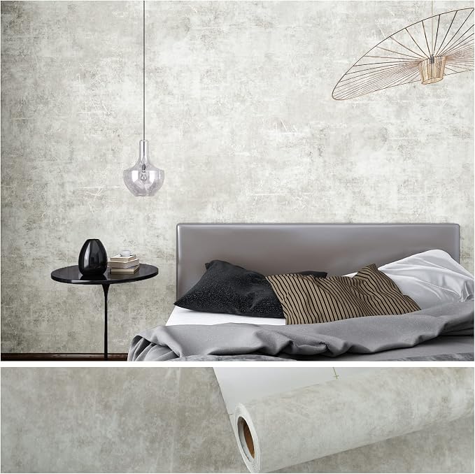 VEELIKE Distressed Concrete Wallpaper Peel and Stick Light Grey Limewash Wallpaper for Bedroom Living Room Accent Wall 24''x354'' Self Adhesive Removable Concrete Look Wall Paper for Bathroom Renters