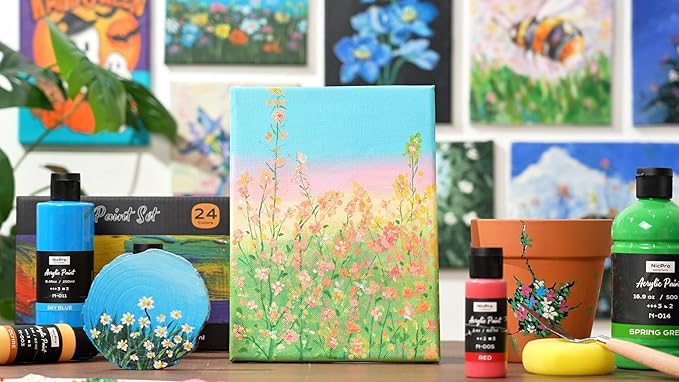 Nicpro 12 Colors Large Bulk Acrylic Paint Set (8.45 oz,250 ml) Rich Art Painting Supplies, Non Toxic for Multi Surface Rock Canvas Wood Ceramic Leather Fabric Craft, for Adult with Color Wheel