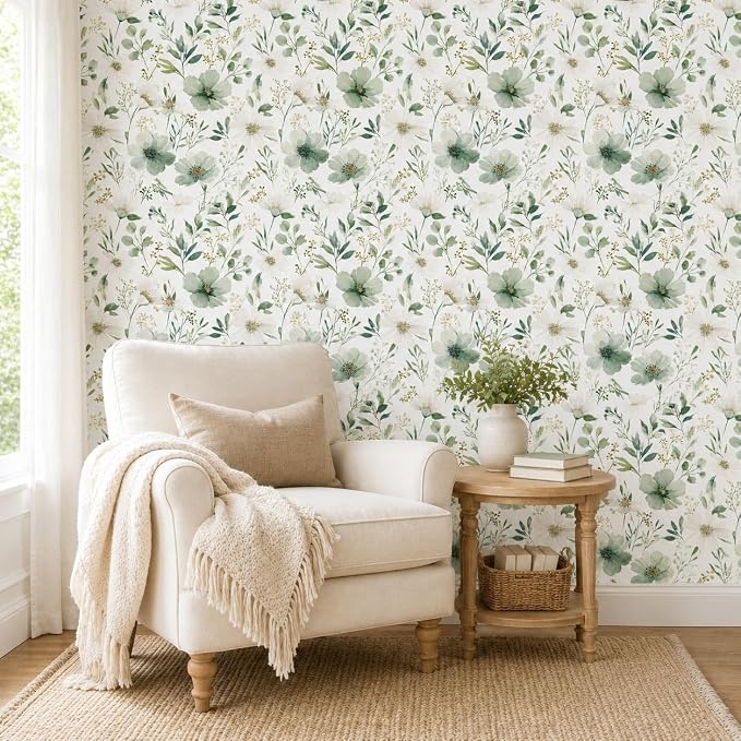 Sage Green Floral Peel and Stick Wallpaper 17.7" x 393.7" | Thick removable watercolor natural flower design for renters and bedroom accent walls