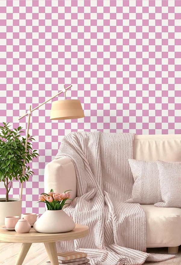 Yasinet Pink Peel and Stick Wallpaper Checkered Wallpaper Modern Pink and White Checkerboard Contact Paper Girl Bedroom Removable Self Adhesive Wall Paper Waterproof for Bathroom Vinyl 17.3" × 78.7“