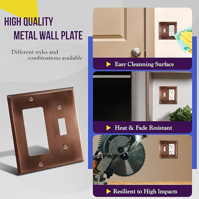 ENERLITES Combination Toggle Switch & Decorator Receptacle Metal Wall Plate, Stainless Steel 201 Outlet Cover, Corrosion-Resistant, Standard Size 2-Gang 4.50" x 4.57", 771131-AC, Antique Copper