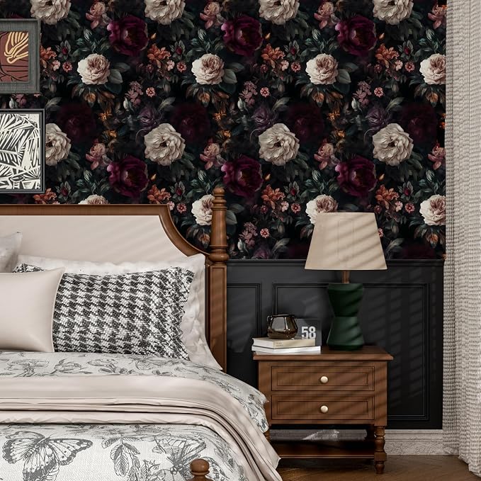 ILHIIOR Black/Pink Floral Peel and Stick Wallpaper 17.5 x 787 Inches | Leaf Removable Self Adhesive Waterproof Contact Paper, Renter Friendly Decor for Cabinets, Drawers & Bedroom Walls