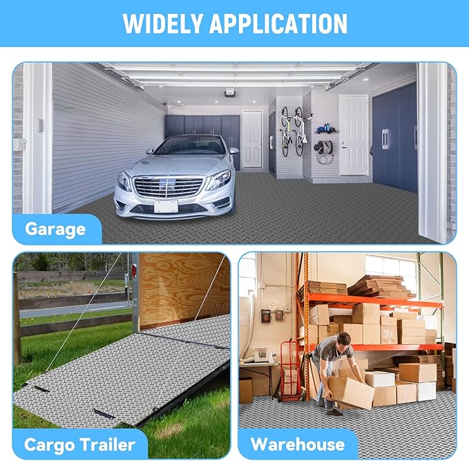 4x10 FT Garage Floor Mat, 2.8mm Thickened PVC Flooring Roll for Under Car, Golf Cart Parking Mat, Diamond Plate Gray Motorcycle Mat for Warehouse, Basement, Gyms, Trailer（Included Tapes）