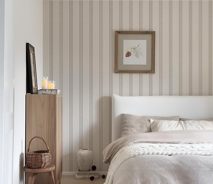 Modern Brown and White Striped Peel and Stick Wallpaper, Removable, French Country Style, Textured Wall Compatible, Stick on Wallpaper for Bathroom and Bedroom (Brown)