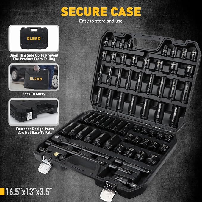 67 Piece 1/2" Drive Deep Impact Socket Set: Standard SAE (3/8"-1-1/4") & Metric (8-24 mm), Including 3 ", 5", 10" Extension Bar, Universal Joint, Ratchet Handle and Adapter