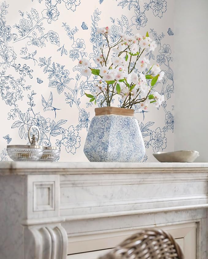 Froluya Cream White and Blue Floral Wallpaper Peel and Stick Wallpaper 17.7"x393.7" Vintage Floral Peel and Stick Wall Paper Removable Boho Self Adhesive Contact Paper for Bedroom Bathroom Vinyl