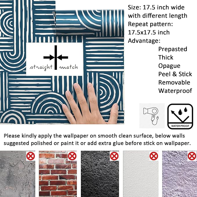 Livelynine 17.5x276 Blue Wallpaper Peel and Stick Navy Mid Century Modern Geometric Wallpaper for Bathroom Bedroom Renter Friendly Bold Dark Blue and White Modern Boho Contact Paper for Walls Easy