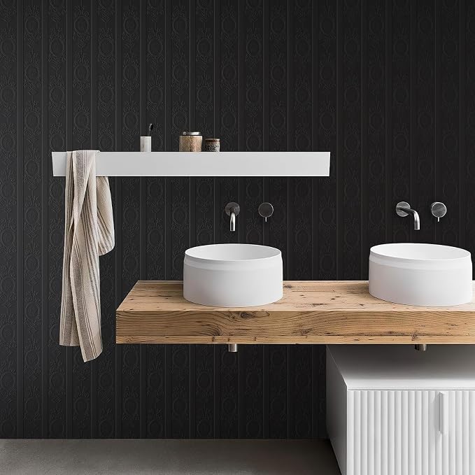 Black 3D Embossed Textured Peel Stick Wallpaper 17.3"x400" | Removable Renter Friendly Contact Paper, Waterproof Self Adhesive Wallpaper for Bedroom, Bathroom, Decor,48 sq.