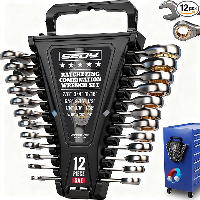 Premium 12-Piece SAE Ratchet Wrenches Set with Magnetic Organizer 1/4"-7/8", 72-Tooth Ratcheting Wrench Set, Cr-V Steel Ratchet Combination Wrench Set for Automotive, Machine Repair