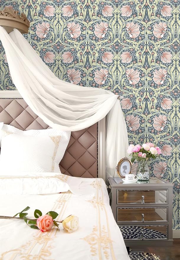 HAOKHOME Vintage Floral Wallpaper Peel and Stick Botanical Grey/Terracotta Wall Murals Home Kitchen Bedroom Decor by William Morris 17.3in x 32.8ft