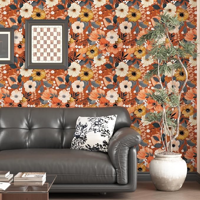 BOKEBEVE Floral Wallpaper Peel and Stick Boho Vintage Orange 17.5 x 393.5In | Extra Long Removable Renter Friendly Vintage Floral Wall Paper for Bedroom Bathroom Cabinet Drawer Feature Accent Wall