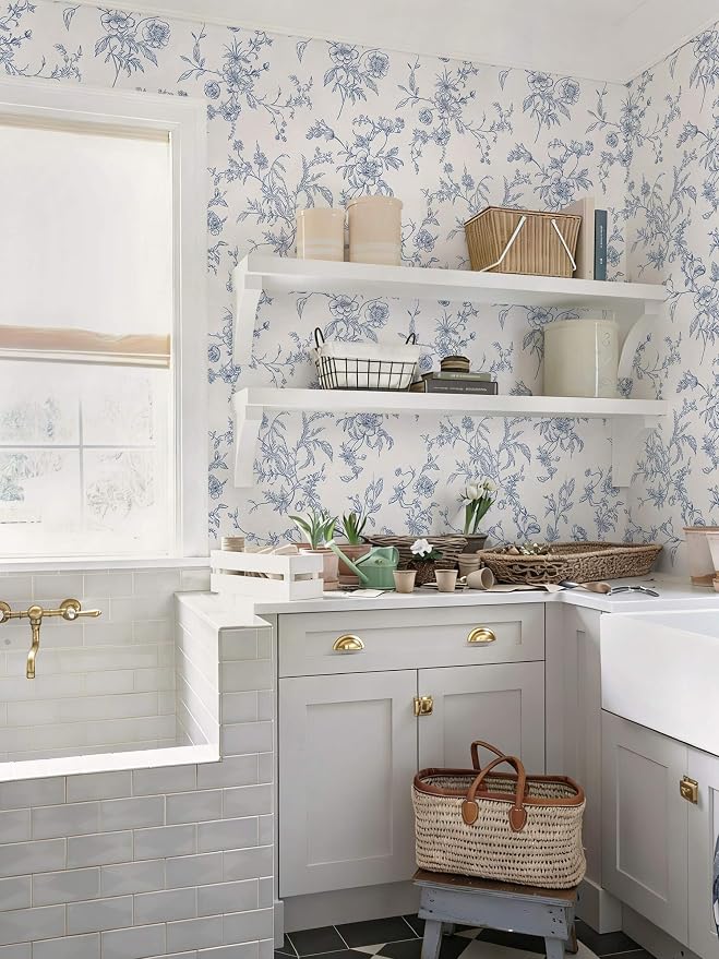 Ismoon Peel and Stick Wallpaper Floral Vintage Stick on Wall Paper Blue and White Contact Paper for Cabinet French Textured Removable Self Adhesive Wallpaper Vinyl for Bedroom Wall Deco 17.3 x 78.7in