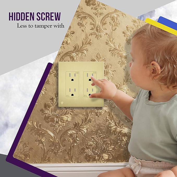 ENERLITES Elite Series Screwless Decorator Wall Plate Child Safe Outlet Cover, Gloss Finish, Size 2-Gang 4.68" H x 4.73" L, Unbreakable Polycarbonate Thermoplastic, SI8832-BGD, Brushed Gold