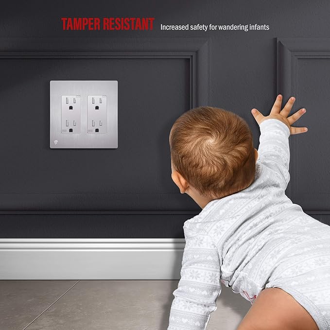 ENERLITES Elite Series Screwless Decorator Wall Plate Child Safe Outlet Cover, Size 2-Gang 4.68" H x 4.73" L, Unbreakable Polycarbonate Thermoplastic, SI8832-BSV, Brushed Silver (10 Pack)