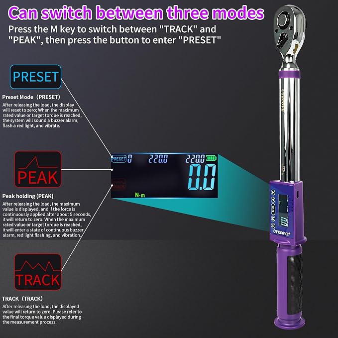 Digital Torque Wrench 1/2 Drive, (8.1-147.5 FT-LB/11-200N.M) ±2% High Accuracy Digital Torque Wrench, With Vibration, Buzzer and LED Alert