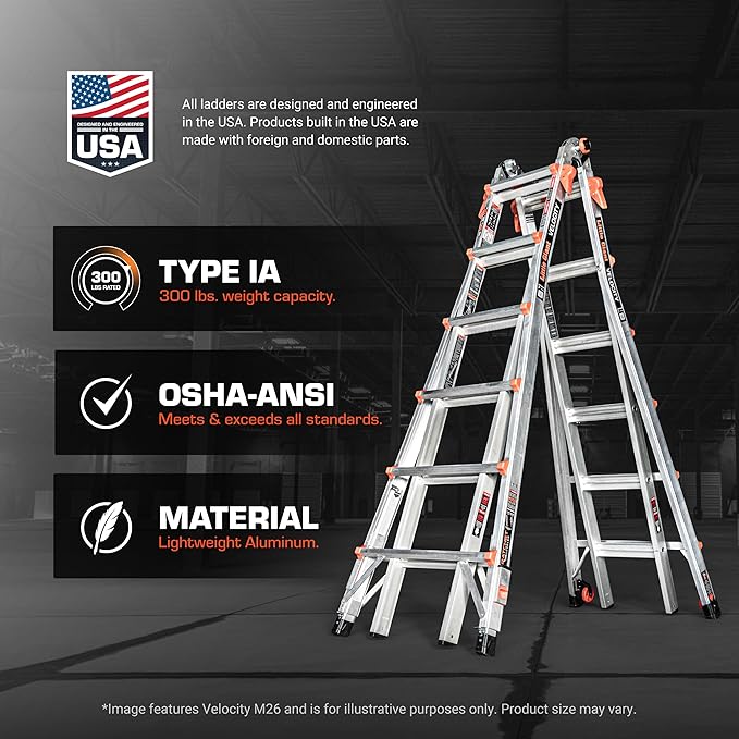Little Giant Ladder Systems Velocity with Wheels, M17, 17 Ft, Multi-Position Ladder, Aluminum, Type 1A, 300 lbs Weight Rating, (15417-001)