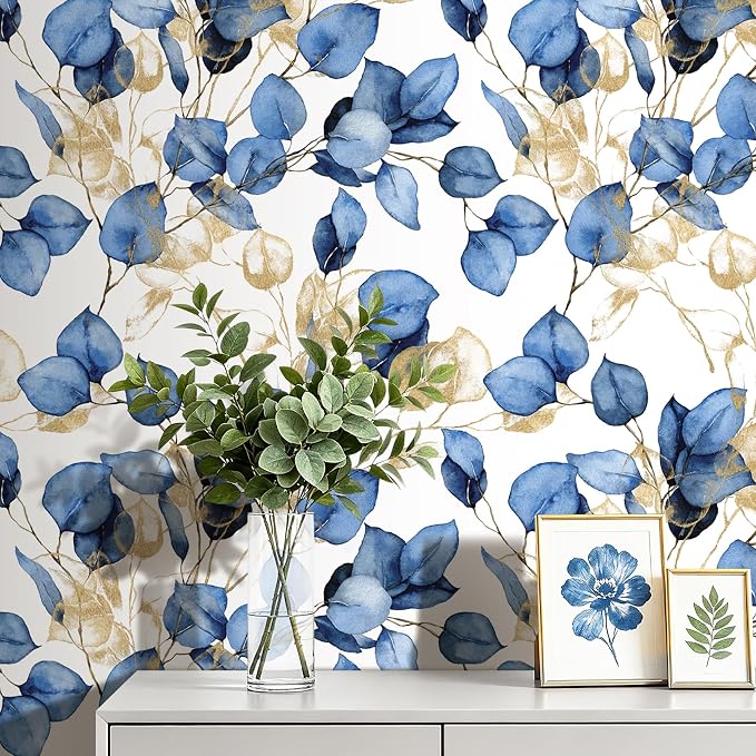 Livelynine Botanical Wallpaper Peel Stick Blue White Contact Paper 17.5x276 | botanical wallpaper navy blue gold and white watercolor eucalyptus leaf self adhesive contact paper decorative 17.5x78.8"