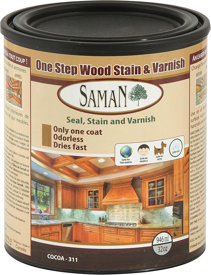 SamaN Interior One Step Wood Seal, Stain and Varnish – Oil Based Odorless Dye - Protection for Furniture and Fine Wood (Cocoa SAM-311, 32 oz)