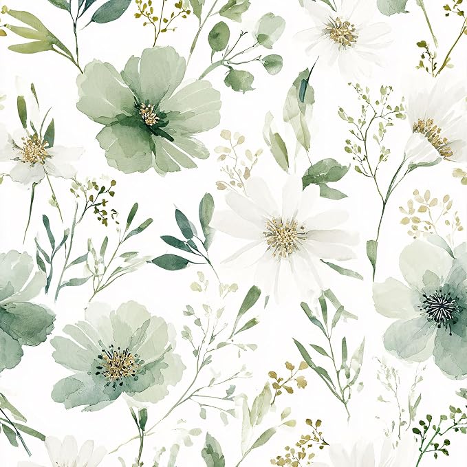 Sage Green Floral Peel and Stick Wallpaper 17.7" x 393.7" | Thick removable watercolor natural flower design for renters and bedroom accent walls