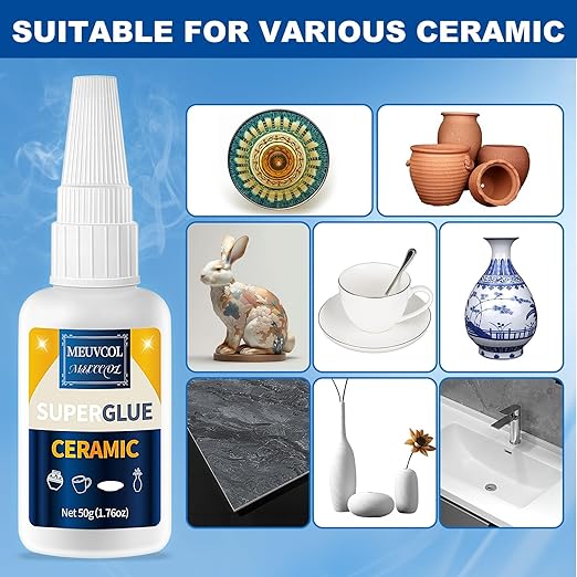 Meuvcol Ceramic Glue Repair Kit, 100g - Super Glue for Porcelain and Pottery, Cyanoacrylate for Mug, Figurines, Dishes, Plates, Teapot - Waterproof, No Smell