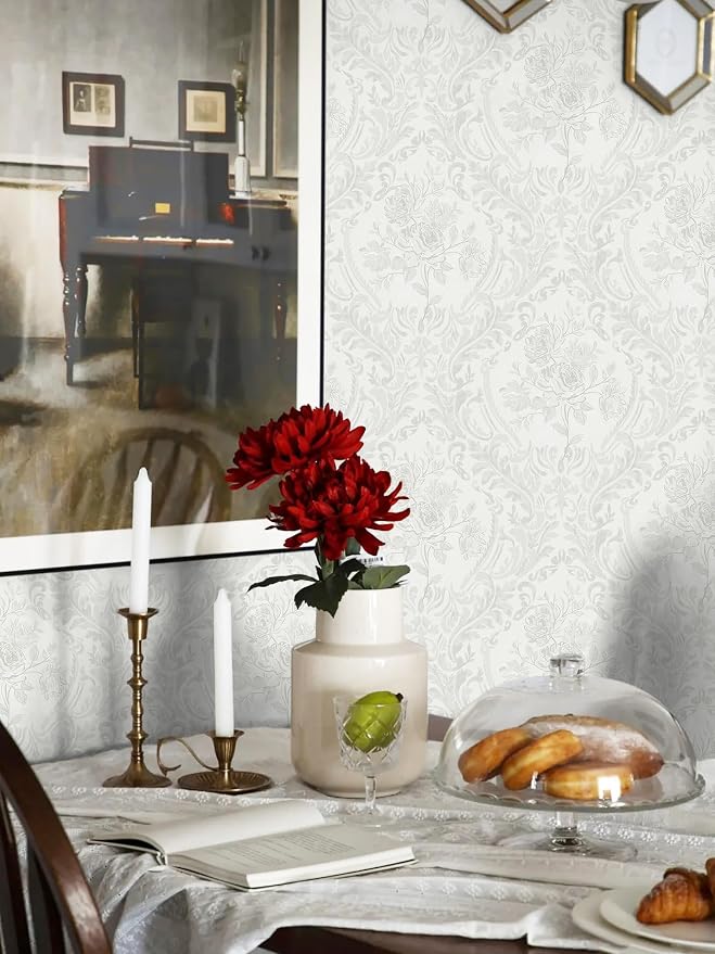 Ismoon Peel and Stick Wallpaper Vintage Floral Contact Paper Boho White and Grey Watercolor Damask Wallpaper Textured Removable Self Adhesive Vinyl Wall Paper for Bedroom, 17.3 in x 16.4 ft