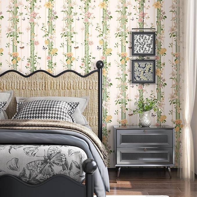 BOKEBEVE Boho Floral Peel Stick Wallpaper Beige Pink 17.5 x 393.5In | Extra Long Leaf Contact Paper Modern Wall Paper for Bedroom Accent Walls Laundry Nursery Pantry Renter Friendly Removable