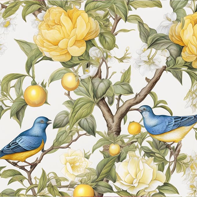 Danodoi Yellow Vintage Lemon Bird Peel and Stick Wallpaper 17.5" x 118" | Waterproof Vinyl Self Adhesive Removable Renter Friendly Floral Contact Paper