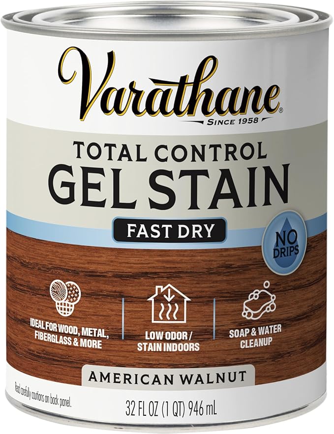 Varathane Total Control Gel Stain | Low Odor Water-Based Formula | Thick Gel Formula for Vertical Surfaces | Ideal for Wood, Metal & Fiberglass | Quart | American Walnut