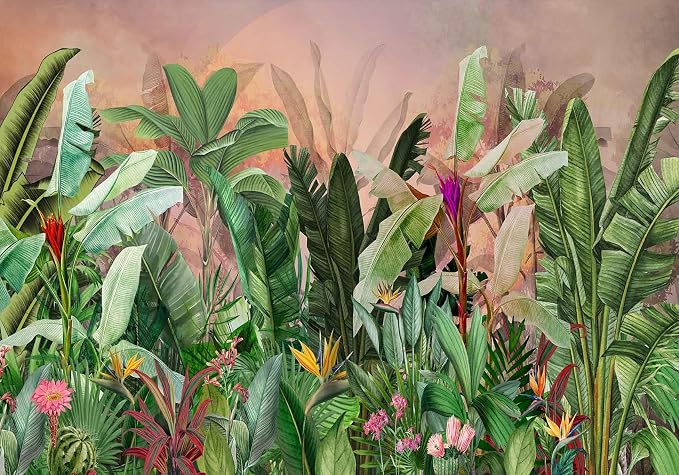 Jdayda Tropical Green Banana Leaves Wallpaper Mural Botanical Plant Large | 127"x96" Not-Self-Adhesive Wall Mural for Livingroom Bedroom