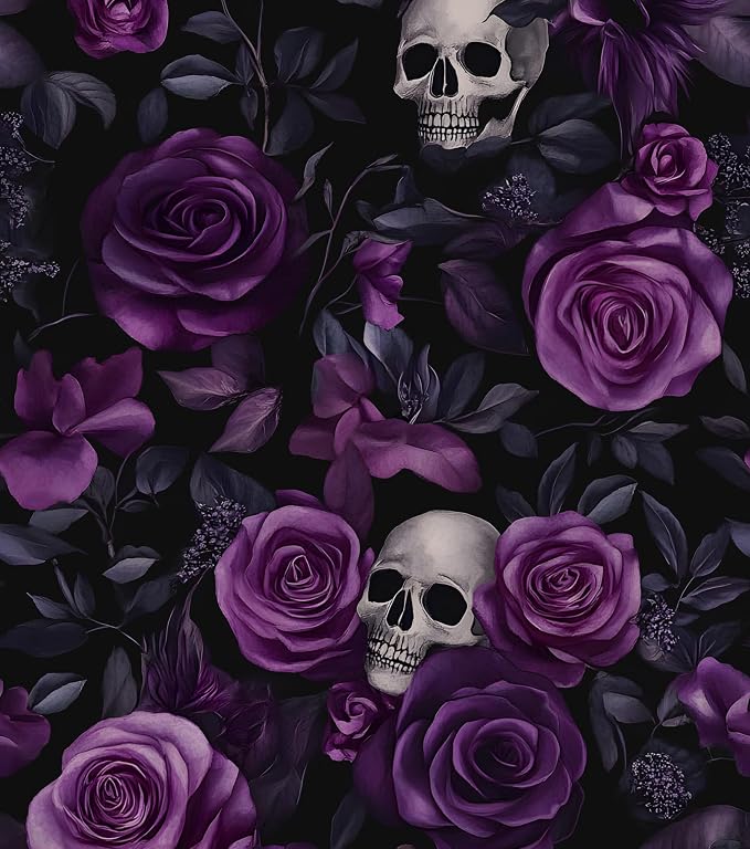 Gothic Dark Purple Skull Floral Wallpaper Peel and Stick 17.5"x118" | Self Adhesive/Removable/Waterproof/Thick Vinyl Vintage Contact Paper for Bathroom Bedroom Shelf Cabinet Drawer,Prepasted
