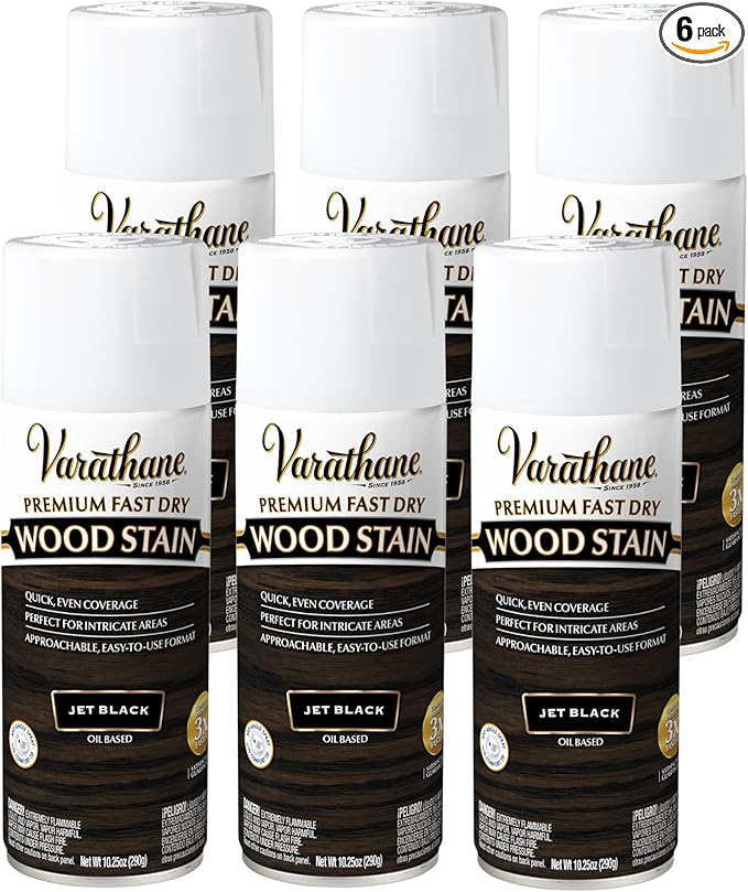 Varathane Premium Fast Dry Wood Stain Spray | 1 Hour Dry Time | 1 Coat Color | Interior Wood Stain | Furniture, Cabinets, Doors, Trim | 10.25 oz | 6 Pack | Jet Black