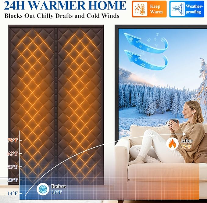 MAGZO Magnetic Thermal Insulated Door Curtain, Fits 36" x 96" Door, Brown | Curtain Size 38'' x 98'', High Quality Weatherproof Oxford Filled with Cotton, Daily Use by Humans&Pets, Long Service Life