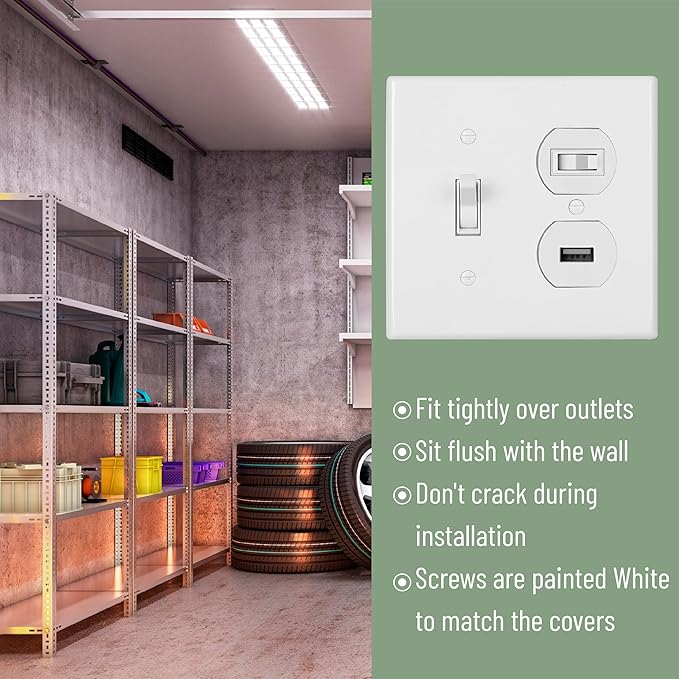 Bates- 2-Gang Combination Wall Plate, 4.88"x 4.92"/Mid-Size, White, Toggle Light Switch/Duplex Receptacle Outlet, 2 Gang Wall Plate for Electrical Outlets, Double Outlet Cover Plate
