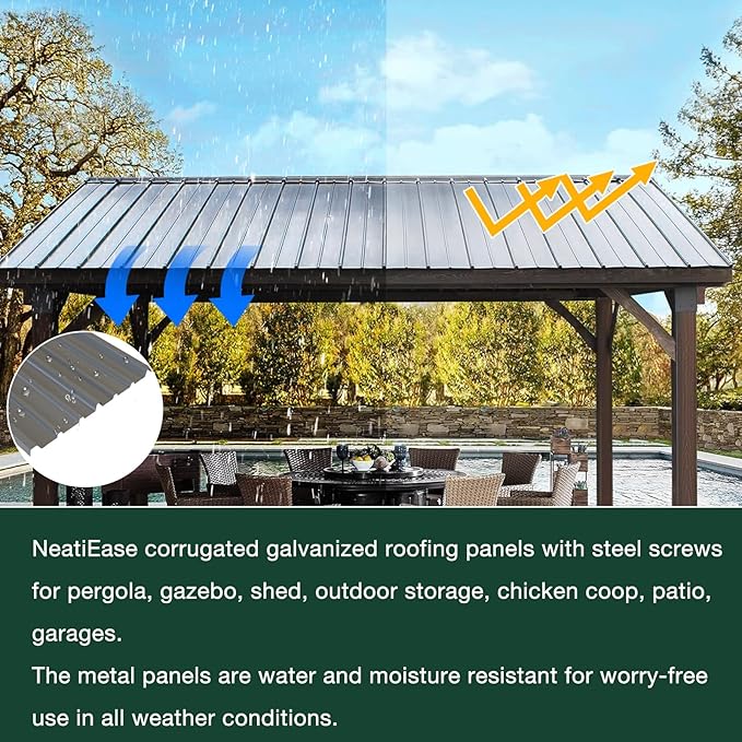 NeatiEase 10 Pcs Metal Roofing Panels, 6.1 Feet Corrugated Galvanized Roofing Panels Metal Siding Panels with Steel Screws for Pergola, Gazebo, Shed, Outdoor Storage, Chicken Coop, Patio,Garages