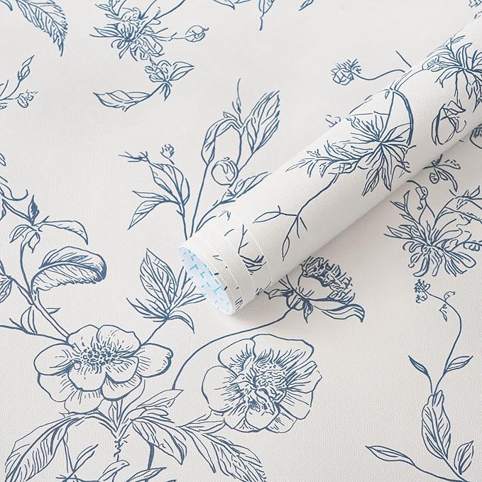 Ismoon Peel and Stick Wallpaper Floral Vintage Stick on Wall Paper Blue and White Contact Paper for Cabinet French Textured Removable Self Adhesive Wallpaper Vinyl for Bedroom Wall Deco 17.3 x 78.7in