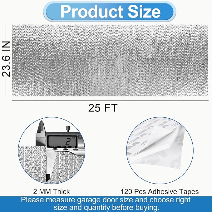 ToLanbbt Reflective Insulation Roll, 23.6IN x 25FT Double Bubble Wrap Insulation Sheet, Reflective Aluminum Foil 2MM Thermal Shield Radiant Barrier with 120 Pcs Adhesive Tapes for Window RV Attic Wall