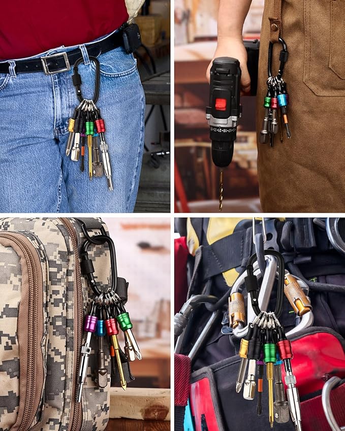 katerk 6pcs Bit Holder with Carabiner Socket for Mens Gift, 1/4 inch Hex Shank Aluminum Alloy Screwdriver Bit Holders, Quick Release Easy Change Impact Driver Drill Bit Keychain Extension (Classic)
