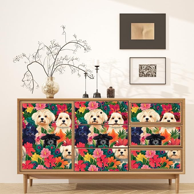 BOKEBEVE Dogs Floral Wallpaper Peel and Stick Boho Colorful 17.5 x 393.5In | Extra Long Removable Renter Friendly Vintage Floral Wall Paper for Bedroom Bathroom Cabinet Drawer Feature Accent Wall