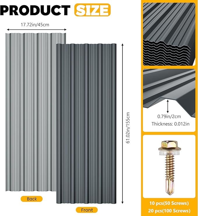 20 pcs Metal Roofing Panels - Corrugated Galvanized Roof Panels L61.02x W17.72 Inch, Waterproof Tin Roof Sheets for Garages,Sheds, Stables and Mobile Homes, Includes Screws(Grey,L61.02''-20)